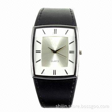 Ultra thin square case watch with genuine leather band, stainless steel